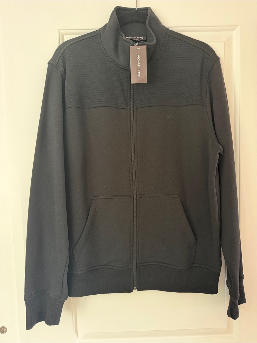 NWT! Michael Kors Men's Black Full-Zip Knit Jacket with Ribbed Yoke